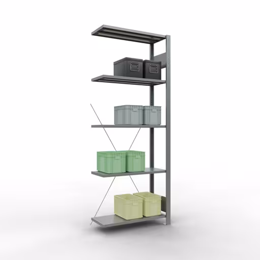 Anbauregal, Fachbodenregal Stecksystem MULTIplus150, 2000 x 750 x 300 mm (HxBxT), 5 Fachböden, Kreuzstrebe, verzinkt von Schulte Lagertechnik mit der Artikelnr. 12735-75