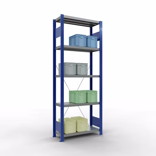 Grundregal, Fachbodenregal Stecksystem MULTIplus250, 2000 x 750 x 300 mm (HxBxT), 5 Fachböden, Kreuzstrebe, RAL 5010 enzianblau/verzinkt/verzinkt von Schulte Lagertechnik mit der Artikelnr. 12930-75-B