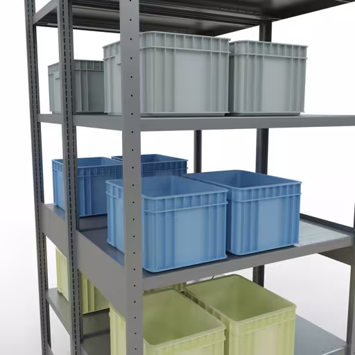Produktbild Nr.8 des Artikels Grundregal, Doppelregal, Fachbodenregal Stecksystem MULTIplus250, 2500 x 1000 x (2x600) mm (HxBxT), 2x6 Fachböden, Kreuzstrebe, verzinkt aus der Produktreihe Fachbodenregale von der Marke Schulte Lagertechnik