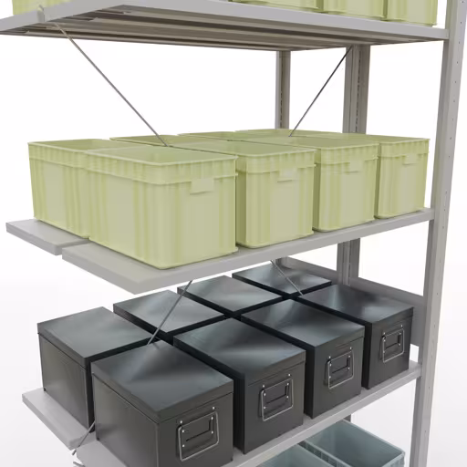 Zusatzbild des Artikels Anbauregal, Doppelregal, Fachbodenregal Stecksystem MULTIplus150, 3000 x 1000 x (2x600) mm (HxBxT), 2x7 Fachböden, Kreuzstrebe, RAL 7035 lichtgrau aus Doppelregale