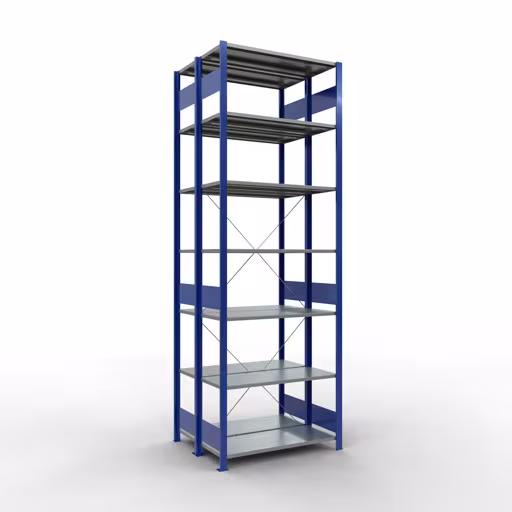 Grundregal, Doppelregal, Fachbodenregal Stecksystem MULTIplus150, 3000 x 1000 x (2x800) mm (HxBxT), 2x7 Fachböden, Kreuzstrebe, RAL 5010 enzianblau von der Marke Schulte Lagertechnik Grundregal, Doppelregal, Fachbodenregal Stecksystem MULTIplus150, 3000 x 1000 x (2x800) mm (HxBxT), 2x7 Fachböden, Kreuzstrebe, RAL 5010 enzianblau aus der Kategorie Doppelregale mit der Artikelnummer 32742-B