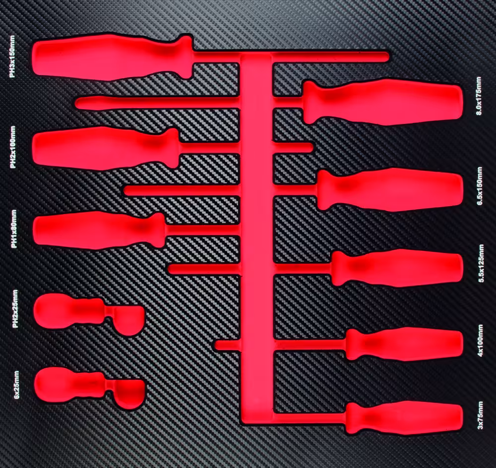 ProForm Einlage leer für 10 Schraubendreher von der Marke PROJAHN Einlage Schraubendreher für 10 Kreuzschlitz-Schrauben PH und Schlitz-Schrauben leer oder befüllt Typ Variante: ProForm Einlage leer für 10 Schraubendreher aus der Kategorie Ordnungssysteme & Werkstattwagen mit der Artikelnr. 5999-48E