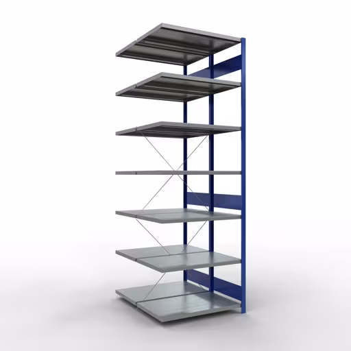 Anbauregal, Doppelregal, Fachbodenregal Stecksystem MULTIplus250, 3000 x 1000 x (2x600) mm (HxBxT), 2x7 Fachböden, Kreuzstrebe, RAL 7035 lichtgrau/enzianblau aus der Kategorie Doppelregale mit der Artikelnummer 32167-A-B