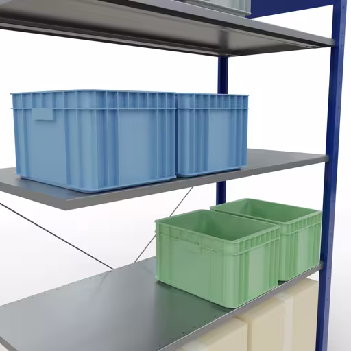 Produktbild Nr.8 des Artikels Anbauregal, Fachbodenregal Stecksystem MULTIplus150, 2000 x 1300 x 600 mm (HxBxT), 5 Fachböden, Kreuzstrebe, RAL 5010 enzianblau/verzinkt aus der Produktreihe Stecksystem von der Marke Schulte Lagertechnik