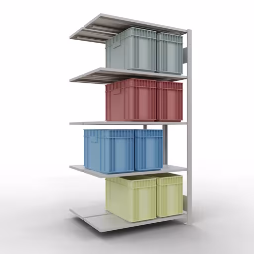 Anbauregal, Doppelregal, Fachbodenregal Stecksystem MULTIplus150, 2000 x 1000 x (2x400) mm (HxBxT), 2x5 Fachböden, Längenriegel, RAL 7035 lichtgrau von Schulte Lagertechnik mit der Artikelnr. 33145
