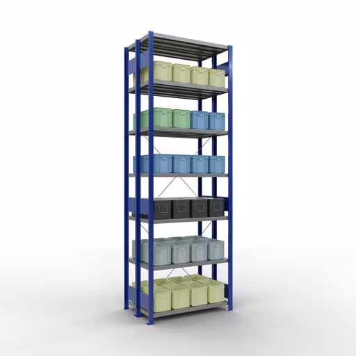 Produktbild Nr 11 des Artikels Grundregal, Doppelregal, Fachbodenregal Stecksystem MULTIplus250, 3000 x 1000 x (2x300) mm (HxBxT), 2x7 Fachböden, Kreuzstrebe, enzianblau Abbildung Nr 11 des Artikels Grundregal, Doppelregal, Fachbodenregal Stecksystem MULTIplus250, 3000 x 1000 x (2x300) mm (HxBxT), 2x7 Fachböden, Kreuzstrebe, enzianblau aus der Produktgruppe Fachbodenregale von der Marke Schulte Lagertechnik