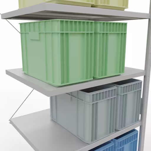 Andere Ansicht des Artikels Anbauregal, Fachbodenregal Stecksystem MULTIplus250, 3000 x 1000 x 800 mm (HxBxT), 7 Fachböden, Kreuzstrebe, RAL 7035 lichtgrau aus der Kategorie Stecksystem