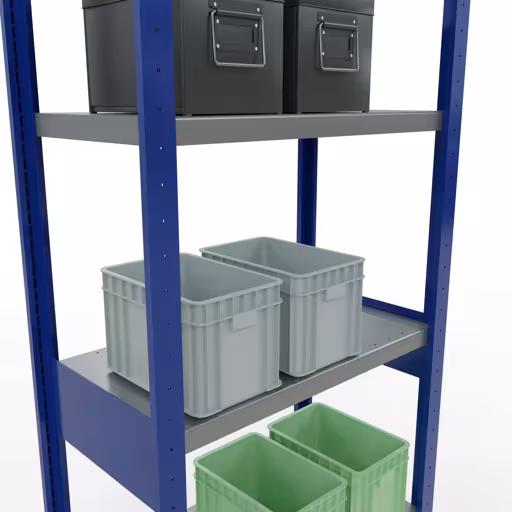 Zusatzbild des Artikels Grundregal, Fachbodenregal Stecksystem MULTIplus250, 2500 x 750 x 400 mm (HxBxT), 6 Fachböden, Längenriegel, RAL 5010 enzianblau/verzinkt/verzinkt aus Grundregal