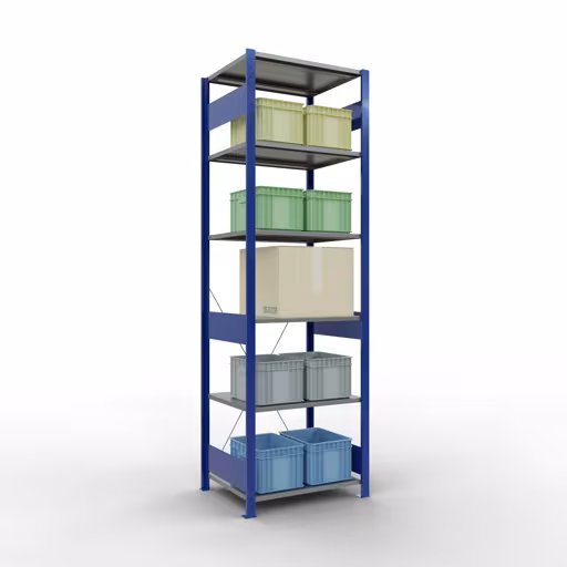 Grundregal, Fachbodenregal Stecksystem MULTIplus150, 2500 x 750 x 600 mm (HxBxT), 6 Fachböden, Kreuzstrebe, RAL 5010 enzianblau/verzinkt/verzinkt von Schulte Lagertechnik mit der Artikelnr. 12761-75-B