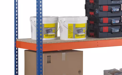 Grundregal, Weitspannregal Z1 mit Spanplatten, 1981 x 2450 x 469 mm, blau/orange/verzinkt, 4 Ebenen, Fachlast 545 kg, Feldlast 3.200 kg von der Marke Schulte Lagertechnik aus der Produktreihe Weitspannregale