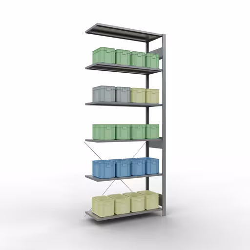 Anbauregal, Fachbodenregal Stecksystem MULTIplus150, 2500 x 1000 x 400 mm (HxBxT), 6 Fachböden, Kreuzstrebe, verzinkt von Schulte Lagertechnik mit der Artikelnr. 12746