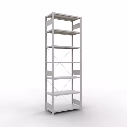 Grundregal, Fachbodenregal Stecksystem MULTIplus250, 3000 x 1000 x 500 mm (HxBxT), 7 Fachböden, Kreuzstrebe, RAL 7035 lichtgrau aus der Kategorie Grundregal mit der Artikelnummer 32852