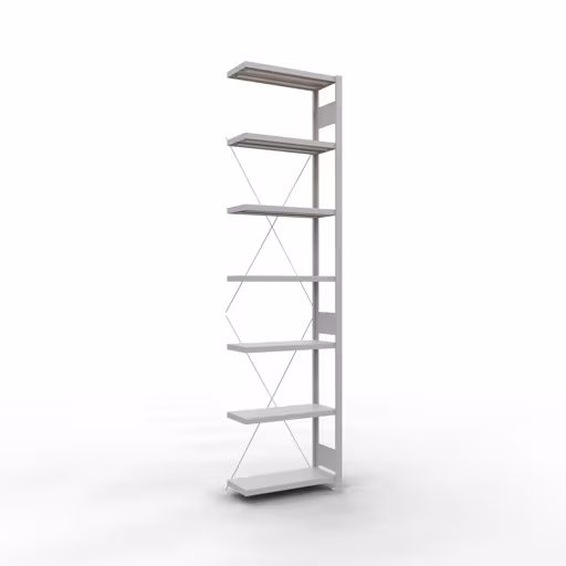 Anbauregal, Fachbodenregal Stecksystem MULTIplus250, 3000 x 750 x 300 mm (HxBxT), 7 Fachböden, Kreuzstrebe, RAL 7035 lichtgrau aus der Kategorie Anbauregal mit der Artikelnummer 32837-75