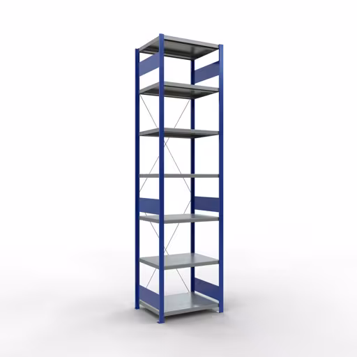 Grundregal, Fachbodenregal Stecksystem MULTIplus250, 3000 x 750 x 600 mm (HxBxT), 7 Fachböden, Kreuzstrebe, RAL 5010 enzianblau/verzinkt/verzinkt aus der Kategorie Grundregal mit der Artikelnummer 12962-75-B