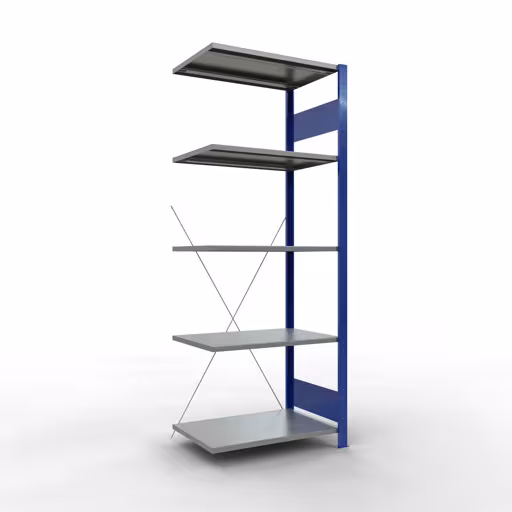 Anbauregal, Fachbodenregal Stecksystem MULTIplus150, 2000 x 750 x 500 mm (HxBxT), 5 Fachböden, Kreuzstrebe, RAL 5010 enzianblau/verzinkt/verzinkt aus der Kategorie Anbauregal mit der Artikelnummer 12755-75-B