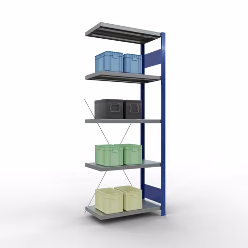 Abbildung Nr 7 des Artikels Anbauregal, Fachbodenregal Stecksystem MULTIplus250, 2000 x 750 x 400 mm (HxBxT), 5 Fachböden, Kreuzstrebe, RAL 5010 enzianblau/verzinkt/verzinkt aus der Produktgruppe Stecksystem von der Marke Schulte Lagertechnik