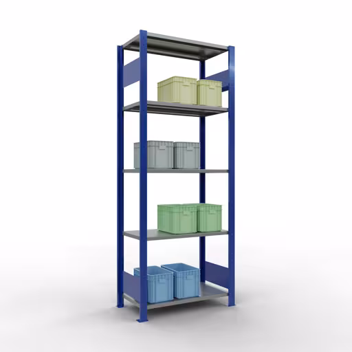 Andere Ansicht des Artikels Grundregal, Fachbodenregal Stecksystem MULTIplus150, 2000 x 750 x 400 mm (HxBxT), 5 Fachböden, Längenriegel, RAL 5010 enzianblau/verzinkt/verzinkt aus der Kategorie Grundregal