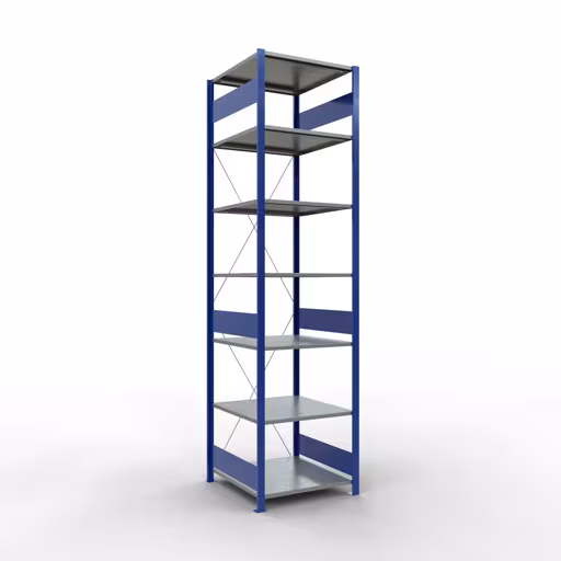 Grundregal, Fachbodenregal Stecksystem MULTIplus150, 3000 x 750 x 800 mm (HxBxT), 7 Fachböden, Kreuzstrebe, RAL 5010 enzianblau/verzinkt/verzinkt aus der Kategorie Grundregal mit der Artikelnummer 12782-75-B