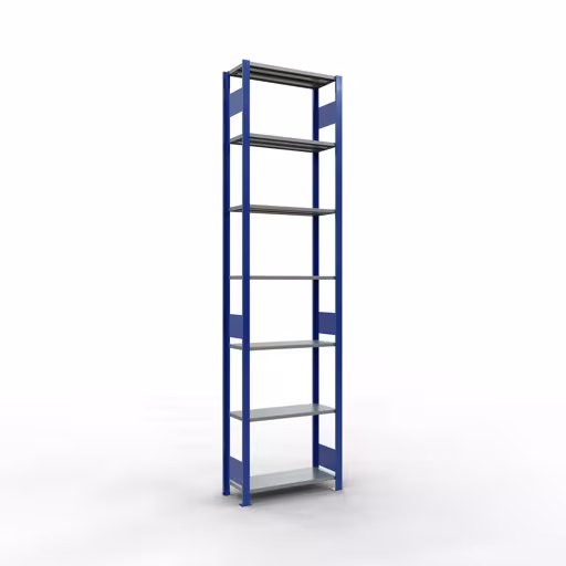 Grundregal, Fachbodenregal Stecksystem MULTIplus150, 3000 x 750 x 300 mm (HxBxT), 7 Fachböden, Längenriegel, RAL 5010 enzianblau/verzinkt/verzinkt aus der Kategorie Grundregal mit der Artikelnummer 12732-75-LR-B