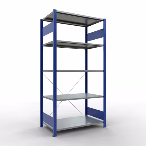 Grundregal, Fachbodenregal Stecksystem MULTIplus85, 2000 x 1000 x 600 mm (HxBxT), 5 Fachböden, Kreuzstrebe, RAL 5010 enzianblau aus der Kategorie Grundregal mit der Artikelnummer 13160-B