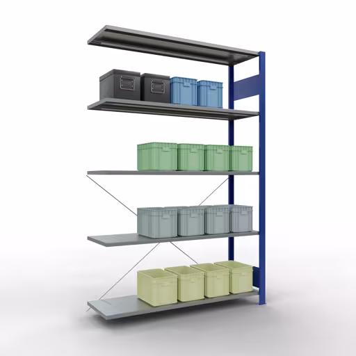 Andere Ansicht des Artikels Anbauregal, Fachbodenregal Stecksystem MULTIplus150, 2000 x 1300 x 400 mm (HxBxT), 5 Fachböden, Kreuzstrebe, RAL 5010 enzianblau/verzinkt aus der Kategorie Stecksystem