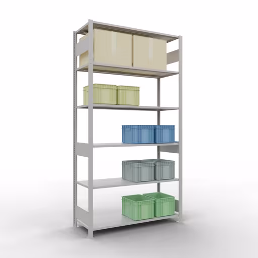 Produktbild Nr.15 des Artikels Grundregal, Fachbodenregal Stecksystem MULTIplus150, 2500 x 1300 x 500 mm (HxBxT), 6 Fachböden, Längenriegel, RAL 7035 lichtgrau aus der Produktreihe Stecksystem von der Marke Schulte Lagertechnik