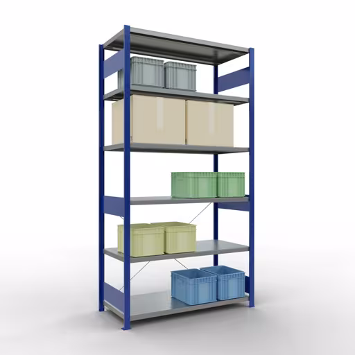Grundregal, Fachbodenregal Stecksystem MULTIplus250, 2500 x 1300 x 600 mm (HxBxT), 6 Fachböden, Kreuzstrebe, RAL 5010 enzianblau/verzinkt von der Marke Schulte Lagertechnik aus der Produktreihe Stecksystem