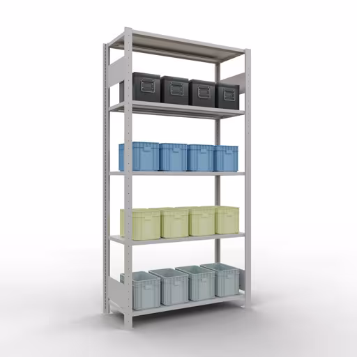 Grundregal, Fachbodenregal Stecksystem MULTIplus150, 2000 x 1000 x 400 mm (HxBxT), 5 Fachböden, Längenriegel, RAL 7035 lichtgrau mit der Artikelnr. 32640-LR Grundregal, Fachbodenregal Stecksystem MULTIplus150, 2000 x 1000 x 400 mm (HxBxT), 5 Fachböden, Längenriegel, RAL 7035 lichtgrau von Schulte Lagertechnik aus der Kategorie Stecksystem