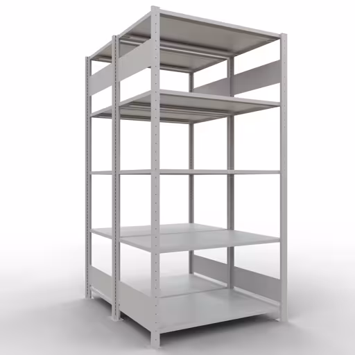 Grundregal, Doppelregal, Fachbodenregal Stecksystem MULTIplus150, 2000 x 1000 x (2x600) mm (HxBxT), 2x5 Fachböden, Längenriegel, RAL 7035 lichtgrau aus der Kategorie Doppelregale mit der Artikelnummer 33160
