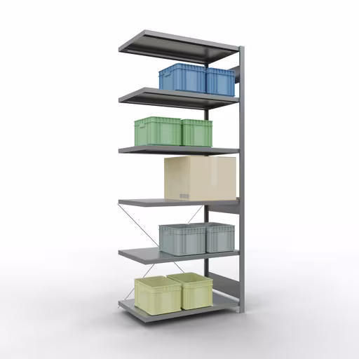 Anbauregal, Fachbodenregal Stecksystem MULTIplus250, 2500 x 1000 x 600 mm (HxBxT), 6 Fachböden, Kreuzstrebe, verzinkt von der Marke Schulte Lagertechnik aus der Produktreihe Stecksystem