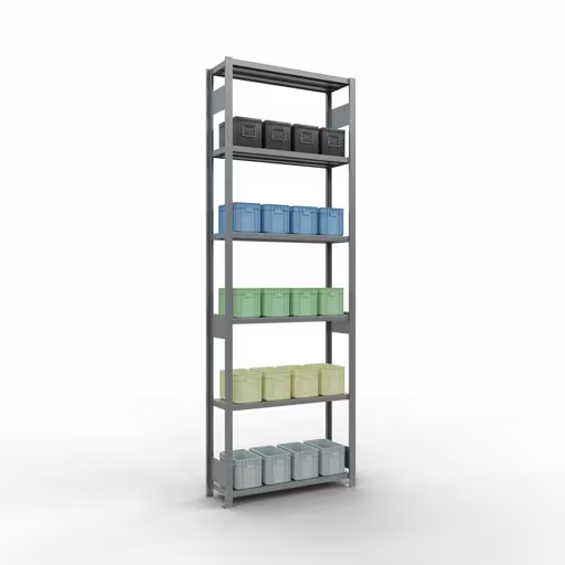 Grundregal, Fachbodenregal Stecksystem MULTIplus250, 3000 x 1000 x 300 mm (HxBxT), 7 Fachböden, Längenriegel, verzinkt mit der GTIN 4004514282170 Grundregal, Fachbodenregal Stecksystem MULTIplus250, 3000 x 1000 x 300 mm (HxBxT), 7 Fachböden, Längenriegel, verzinkt von Schulte Lagertechnik mit der Artikelnr. 12932-LR