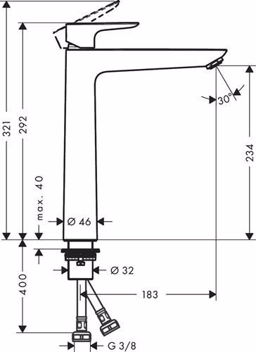 Technische Zeichnung 4073811 Hansgrohe Einhebel-Waschtischmischer 240 TALIS E Nennweite 15 ohne Ablaufgarnitur chrom