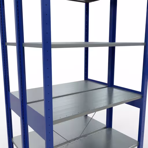 Produktbild Nr.7 des Artikels Grundregal, Doppelregal, Fachbodenregal Stecksystem MULTIplus150, 2500 x 1000 x (2x400) mm (HxBxT), 2x6 Fachböden, Kreuzstrebe, RAL 5010 enzianblau aus der Produktreihe Fachbodenregale von der Marke Schulte Lagertechnik