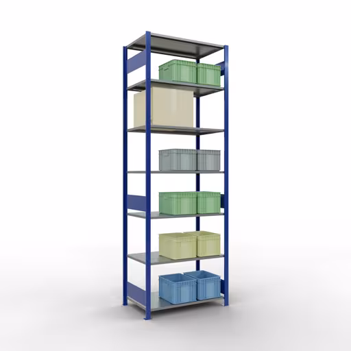 Grundregal, Fachbodenregal Stecksystem MULTIplus150, 3000 x 1000 x 600 mm (HxBxT), 7 Fachböden, Längenriegel, RAL 5010 enzianblau/verzinkt von Schulte Lagertechnik aus der Kategorie Stecksystem