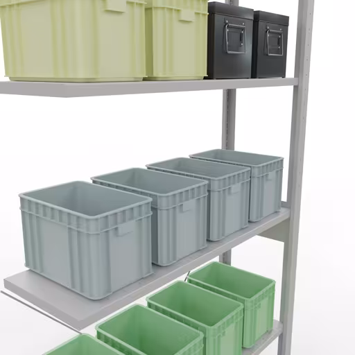 Abbildung Nr 15 des Artikels Anbauregal, Fachbodenregal Stecksystem MULTIplus150, 2500 x 1000 x 300 mm (HxBxT), 6 Fachböden, Kreuzstrebe, RAL 7035 lichtgrau aus der Produktgruppe Stecksystem von der Marke Schulte Lagertechnik