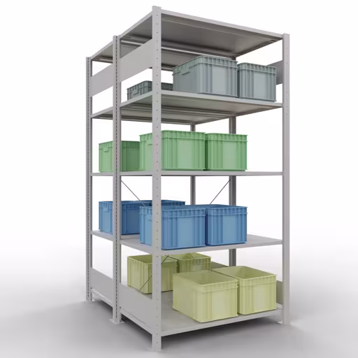 Produktbild Nr.16 des Artikels Grundregal, Doppelregal, Fachbodenregal Stecksystem MULTIplus150, 2000 x 1000 x (2x600) mm (HxBxT), 2x5 Fachböden, Kreuzstrebe, RAL 7035 lichtgrau aus der Produktreihe Fachbodenregale von der Marke Schulte Lagertechnik