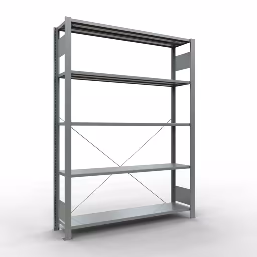 Grundregal, Büro-Fachbodenregal Stecksystem MULTIplus85, 1800 x 1300 x 300 mm (HxBxT), 5 Fachböden, Kreuzstrebe, verzinkt, ohne Anschlagleiste von der Marke Schulte Lagertechnik Grundregal, Büro-Fachbodenregal Stecksystem MULTIplus85, 1800 x 1300 x 300 mm (HxBxT), 5 Fachböden, Kreuzstrebe, verzinkt, ohne Anschlagleiste aus der Kategorie Stecksystem mit der Artikelnummer 17720