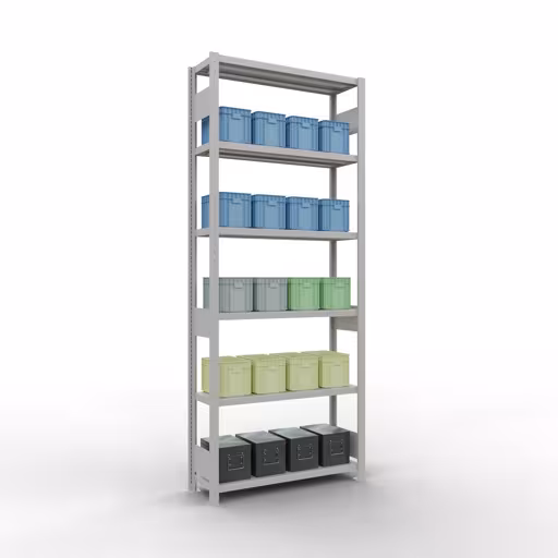 Abbildung Nr 15 des Artikels Grundregal, Fachbodenregal Stecksystem MULTIplus330, 2500 x 1000 x 300 mm (HxBxT), 6 Fachböden, Längenriegel, RAL 7035 lichtgrau aus der Produktgruppe Stecksystem von der Marke Schulte Lagertechnik