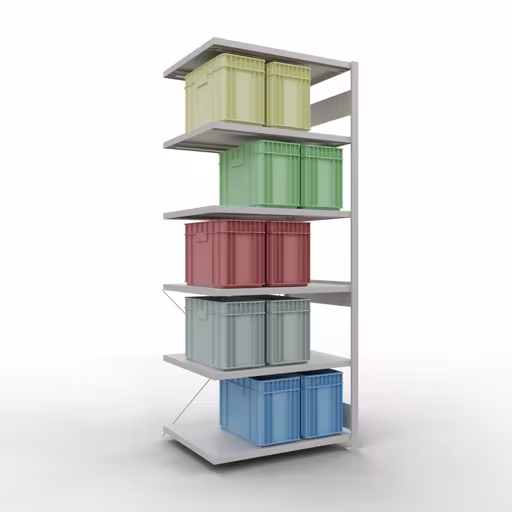 Abbildung Nr 14 des Artikels Anbauregal, Fachbodenregal Stecksystem MULTIplus330, 2500 x 1000 x 800 mm (HxBxT), 6 Fachböden, Kreuzstrebe, RAL 7035 lichtgrau aus der Produktgruppe Stecksystem von der Marke Schulte Lagertechnik