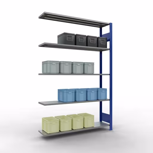 Anbauregal, Fachbodenregal Stecksystem MULTIplus150, 2000 x 1300 x 300 mm (HxBxT), 5 Fachböden, Längenriegel, RAL 5010 enzianblau/verzinkt mit der GTIN 4004514279682 Anbauregal, Fachbodenregal Stecksystem MULTIplus150, 2000 x 1300 x 300 mm (HxBxT), 5 Fachböden, Längenriegel, RAL 5010 enzianblau/verzinkt von Schulte Lagertechnik mit der Artikelnr. 12735-130-LR-B