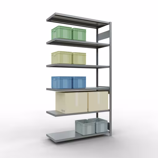 Anbauregal, Fachbodenregal Stecksystem MULTIplus250, 2500 x 1300 x 500 mm (HxBxT), 6 Fachböden, Längenriegel, verzinkt von Schulte Lagertechnik mit der Artikelnr. 12956-130-LR