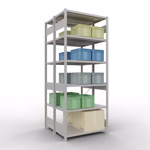 Zusatzbild des Artikels Grundregal, Doppelregal, Fachbodenregal Stecksystem MULTIplus250, 2500 x 1000 x (2x500) mm (HxBxT), 2x6 Fachböden, Kreuzstrebe, RAL 7035 lichtgrau aus Doppelregale