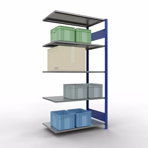 Andere Ansicht des Artikels Anbauregal, Fachbodenregal Stecksystem MULTIplus150, 2000 x 1000 x 600 mm (HxBxT), 5 Fachböden, Längenriegel, RAL 5010 enzianblau/verzinkt aus der Kategorie Anbauregal