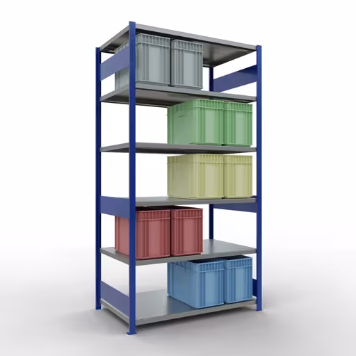 Abbildung Nr 14 des Artikels Grundregal, Fachbodenregal Stecksystem MULTIplus250, 2500 x 1300 x 800 mm (HxBxT), 6 Fachböden, Längenriegel, RAL 5010 enzianblau/verzinkt aus der Produktgruppe Stecksystem von der Marke Schulte Lagertechnik