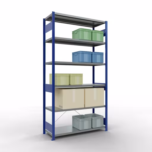 Grundregal, Fachbodenregal Stecksystem MULTIplus250, 2500 x 1300 x 500 mm (HxBxT), 6 Fachböden, Kreuzstrebe, RAL 5010 enzianblau/verzinkt von der Marke Schulte Lagertechnik aus der Produktreihe Stecksystem