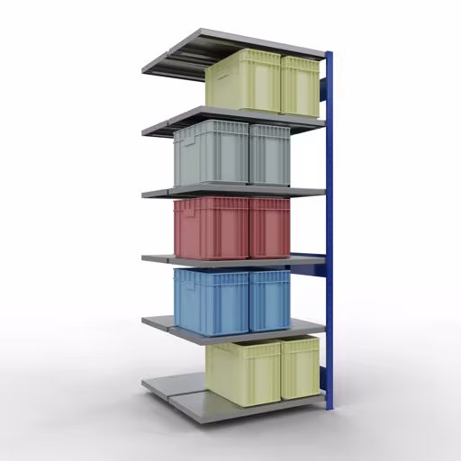 Produktbild Nr.16 des Artikels Anbauregal, Doppelregal, Fachbodenregal Stecksystem MULTIplus250, 2500 x 1000 x (2x500) mm (HxBxT), 2x6 Fachböden, Längenriegel, RAL 5010 enzianblau aus der Produktreihe Fachbodenregale von der Marke Schulte Lagertechnik