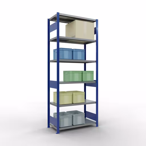 Grundregal, Fachbodenregal Stecksystem MULTIplus330, 2500 x 1000 x 500 mm (HxBxT), 6 Fachböden, Längenriegel, RAL 5010 enzianblau/verzinkt von Schulte Lagertechnik mit der Artikelnr. 13951-LR-B