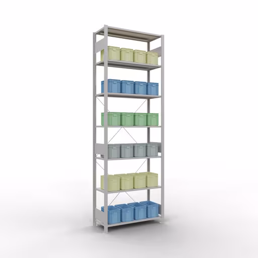 Abbildung Nr 13 des Artikels Grundregal, Fachbodenregal Stecksystem MULTIplus150, 3000 x 1000 x 400 mm (HxBxT), 7 Fachböden, Kreuzstrebe, RAL 7035 lichtgrau aus der Produktgruppe Stecksystem von der Marke Schulte Lagertechnik