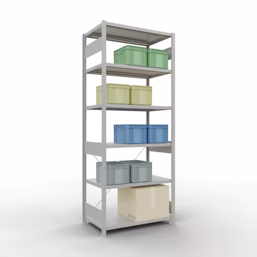 Grundregal, Fachbodenregal Stecksystem MULTIplus250, 2500 x 1000 x 600 mm (HxBxT), 6 Fachböden, Kreuzstrebe, RAL 7035 lichtgrau mit der Artikelnr. 32861 Grundregal, Fachbodenregal Stecksystem MULTIplus250, 2500 x 1000 x 600 mm (HxBxT), 6 Fachböden, Kreuzstrebe, RAL 7035 lichtgrau von Schulte Lagertechnik aus der Kategorie Stecksystem