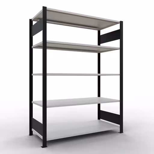 Grundregal, Büro-Fachbodenregal Stecksystem MULTIplus150, 1800 x 1300 x 600 mm (HxBxT), 5 Fachböden, Längenriegel, ohne Mittelanschlag, schwarz/lichtgrau aus der Kategorie Stecksystem mit der Artikelnummer 36056-S